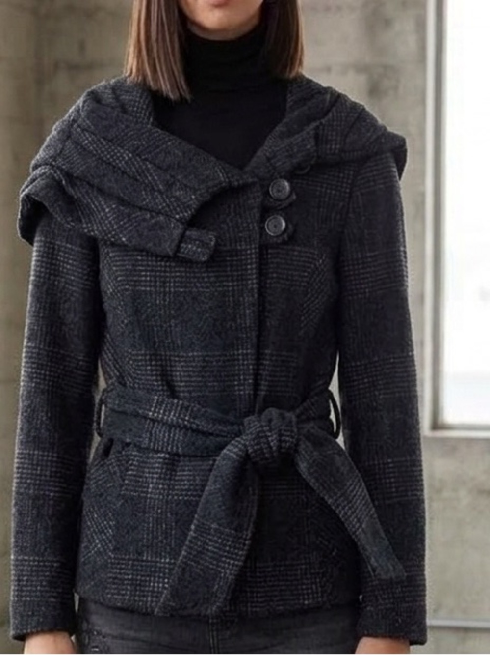 Zara Basic Tweed Plaid Asymmetric High Neck Wrap Jacket Wool Coat Sz Small EUC